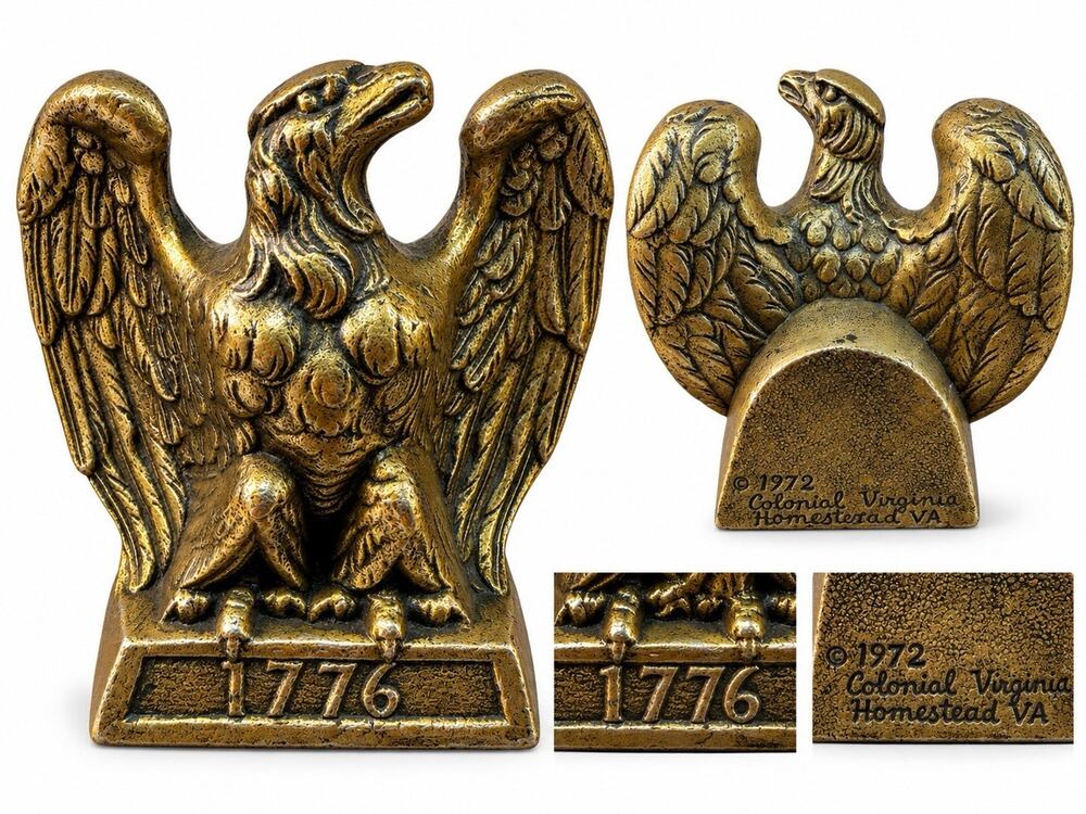 Vintage 1972 Colonial Virginia 1776 American Eagle Bookends Brass Finish Pair